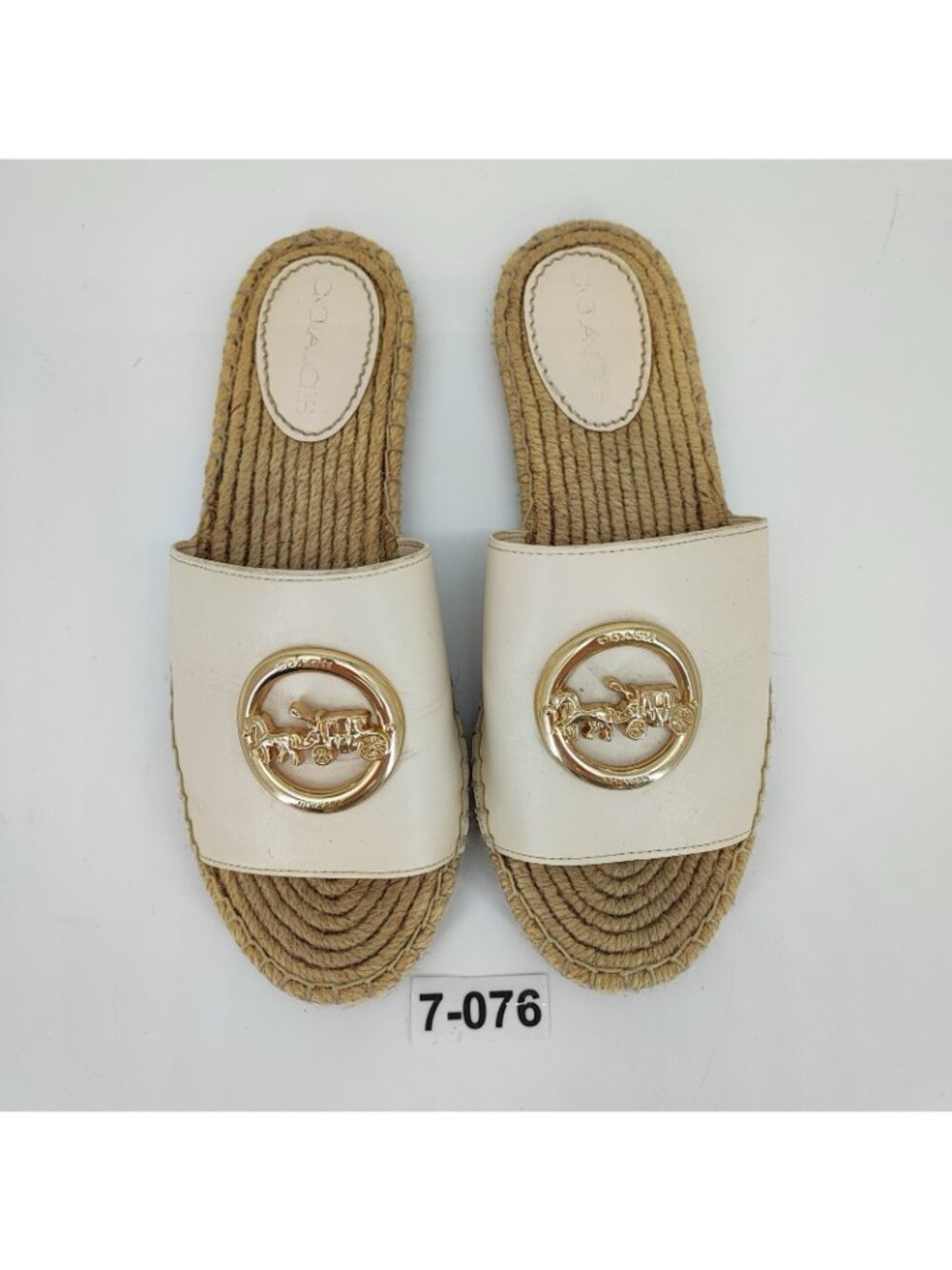 Coach Women’s 7.5 B Sandals Leather Cream Gold Buckle Espadrille Slide C4508 - Picture 2 of 8